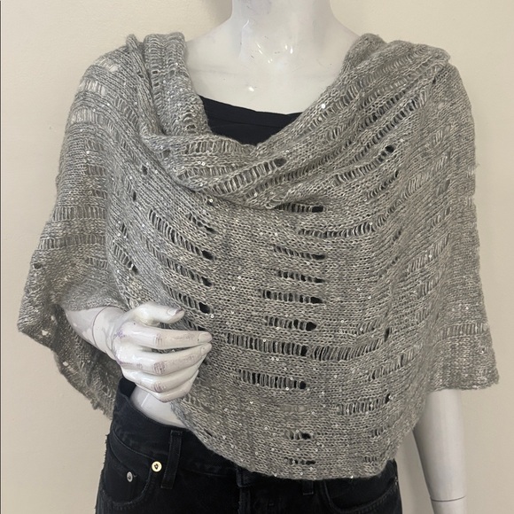 Express Sweaters - Vintage Y2K Express Gray Knit Poncho Infinity Scarf Wrap Sequins & Distressing